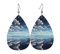 White clouds over the sea Women's Teardrop Leather Earrings, Hook 925 Silver Plated, Holiday Accessories