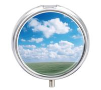 White Clouds Sky Pill Box - 3 Compartment, Round Metal Pill Case with Mirror, Portable Medicine Holder for Purse/Wallet/Travel