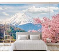 White Clouds Snow Capped Mountains Buildings Pink Flowers Modern 3D Wallpaper Premium Textured Silk Neutral Tones Material Ideal for Living Room Bedroom-350cm×256cm