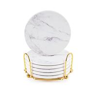 White Coasters,Geichan Coasters Set of 6, Ceramic Marble Coaster with Holder and Cork Base for Cups, Tables and Home Decor,4"