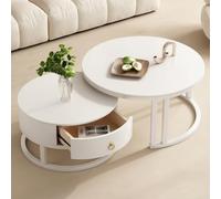 White Coffee Tables, Nesting Coffee Tables Set of 2, Nest of Table with Storage Drawer, Modern Centre Table with Rock Slab and Metal Frame Legs for Living Room, Office, Apartment, Easy to Clean