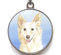 White Collie Dog Tag - Add Text to Back - 4 Colour Options - Waterproof Lightweight Pet ID - Custom Dog Name Tag with Watercolour Collie Illustration - Ideal for Active Dogs & Puppies