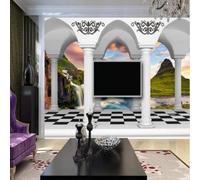 White Columns Corridor Waterfall Mountains Sunset 3D Wallpaper Premium Textured Silk Study Dining Living Room Bedroom Sofa TV Wall Easy Install-250cm×170cm