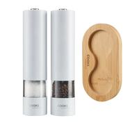 Cooks Professional Electric Salt and Pepper Mill Set with Bamboo Base | Battery Operated Automatic Grinders with Adjustable Grinding & One Touch Operation | Condiment Grinder & Stand | White