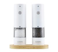 Cooks Professional Rechargeable Salt and Pepper Mill Set with Bamboo Base | Stainless Steel Seasoning Grinder with USB-C Charging, Adjustable Grind, One Button Operation | White