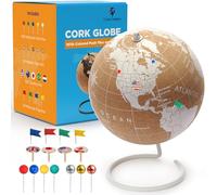 White Cork Globe with Push Pins - 9.4” Tall Globe with Map of the World and Rotating Stand for Adults, 50 Metallic and 100 Colored Push Pins - World Map for Home, Office, Travel