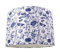 White Cotton 12" Drum Lamp Shade with Vivid Blue Floral Decoration and Inner Lining| 60w Maximum | for Table or Pendant by Happy Homewares