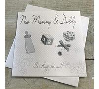 White Cotton Baby Card New Mummy and Daddy Rattle
