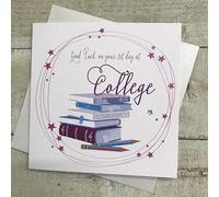 WHITE COTTON CARDS 1ST DAY AT COLLEGE, PINK GOOD LUCK CARD, HANDMADE (SP114-P)