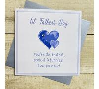WHITE COTTON CARDS 1ST - FATHER'S DAY CARD, YOU'RE THE BESTEST, COOLEST & FUNNIEST. TWO BLUE HEARTS DESIGN. HAND FINISHED (D25-40)