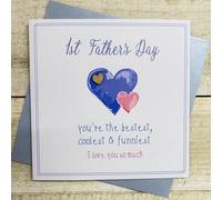 WHITE COTTON CARDS 1ST - FATHER'S DAY CARD, YOU'RE THE BESTEST, COOLEST & FUNNIEST. TWO HEARTS BLUE & PINK DESIGN. HAND FINISHED (D25-30)