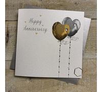 WHITE COTTON CARDS 2 HEART BALLOONS GOLD/SILVER ANNIVERSARY CARD HAND FINISHED (D513)