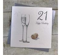 WHITE COTTON CARDS 21 Happy, Handmade 21st Birthday Card, Champagne/Hologram