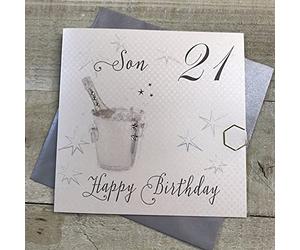 WHITE COTTON CARDS 21 Son Happy, Handmade 21st Birthday Card (Champagne Bucket)