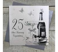 WHITE COTTON CARDS 25th Anniversary Handmade Card with Champagne and Chocolates, White, BD25