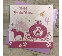 WHITE COTTON CARDS 4, Handmade Girls 4th Birthday Card (Pink, Princess Carriage)