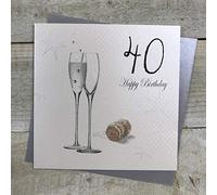 WHITE COTTON CARDS 40 Happy Handmade 40th Birthday Card with Champagne Design, Black, pdc40-black
