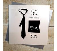 WHITE COTTON CARDS 50 Happy Son, Hand Finished Large 50th Birthday Card (Code XSBC50-S, Tie & Cufflinks)
