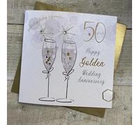 WHITE COTTON CARDS 50th Golden Anniversary Card, Yesterday, Today & Forever, Sparkler Flutes Design. Hand Finished (DA50)