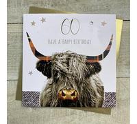 WHITE COTTON CARDS 60 HIGHLAND COW BIRTHDAY CARD, HAND FINISHED (S347-60)