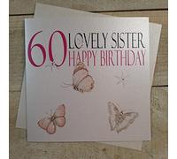 White Cotton Cards 60 Lovely Sister Happy, Handmade 60th Birthday Card (Neon, Butterflies)