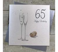 WHITE COTTON CARDS 65 Happy, Handmade 65th Birthday Card, Champagne/Silver