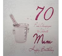 WHITE COTTON CARDS 70 Celebrate Mam Happy, Handmade 70th Birthday Card (Pink Champagne)