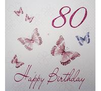 WHITE COTTON CARDS 80 Happy, Handmade 80th Birthday Card (Butterflies)