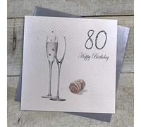 WHITE COTTON CARDS 80 Happy, Handmade 80th Birthday Card, Champagne/Silver