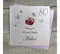 white cotton cards 80 Wishing you a Wonderful Mother Handmade 80th Birthday Card, White, bdp80-M