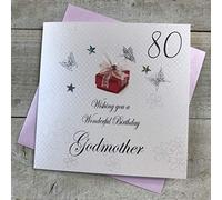 white cotton cards 80 Wishing you a Wonderful Godmother Handmade 80th Birthday Card, White, bdp80-Godm