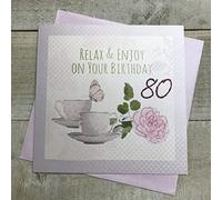 WHITE COTTON CARDS 80th Birthday Card,Tea Cups & Roses Handfinished (G3-80)