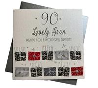 white cotton cards "90. Lovely Gran. Wishing you a Wonderful Birthday Handmade 90th Birthday Card (bdp90-Gran)