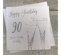 WHITE COTTON CARDS 90th Birthday Card, Champagne Sparkly Flutes Handmade BFA90
