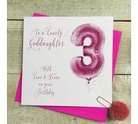 WHITE COTTON CARDS Age 3, 3rd Birthday Goddaughter Pink Helium Balloon Card HP3-GODD