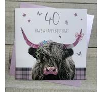 WHITE COTTON CARDS AGE 40 BIRTHDAY CARD - PINK HIGHLAND COW DESIGN HAND FINISHED (S381-40)