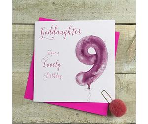 WHITE COTTON CARDS Age 9, 9th Birthday Goddaughter Pink Helium Balloon Card HP9-GODD