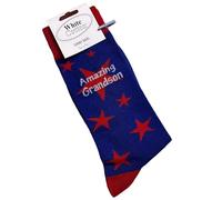 WHITE COTTON CARDS AMAZING GRANDSON - BLUE WITH RED STARS - Novelty Socks. Size UK Adults 8-12 (SK27)