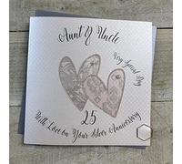 WHITE COTTON CARDS AUNT & UNCLE 25TH WEDDING ANNIVERSARY - TWO HEARTSCARD, HANDMADE (SS62-AU25)