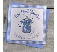 white cotton cards B-SS236 "New Great Grandson Congratulations How Wonderful!" Handmade Baby Card - Blue