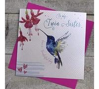 WHITE COTTON CARDS B247-TW Twin Sister Birthday Card - Handmade Card - Decorated Hummingbird,red|blue|grey,16cm x 16cm