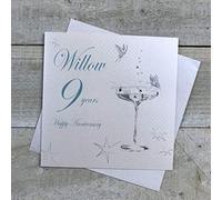 White Cotton Cards BD109C Coupe Glass "Happy Anniversary 'Willow' 9 Years" Handmade Anniversary Card, White