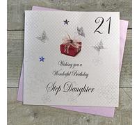 white cotton cards Wishing You a Wonderful Step-Daughter, Handmade 21st Birthday Card (Red Present)