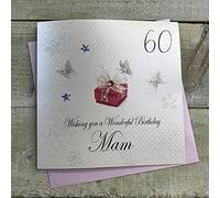 WHITE COTTON CARDS bdp60-mam Red Present, Wishing you a Wonderful Birthday Mam Handmade 60th Birthday Card, White