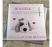 WHITE COTTON CARDS Beautiful Granddaughter 4 Have Fun, Handmade 4th Birthday Card, Code XNP3-4GD, Puppy