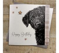 WHITE COTTON CARDS Black Cockapoo Poodle Dog Peeping Round Birthday Card. Hand Decorated (S900)