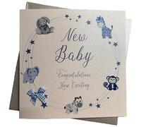 WHITE COTTON CARDS Blue Bunny, Congratulations Exciting Handmade Large New Baby Boy Card, XN220S