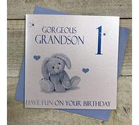 WHITE COTTON CARDS Blue Bunny Gorgeous Grandson 1 Have Fun On Your Birthday Handmade 1st Birthday Card, NGS1-B