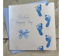 WHITE COTTON CARDS Blue Footprints Handmade Naming Day Card, White, BD68, 16cm x 16cm