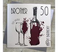 WHITE COTTON CARDS BROTHER 50TH BIRTHDAY CARD, RED WINE BOTTLE DESIGN Handfinished (MT27-B50)